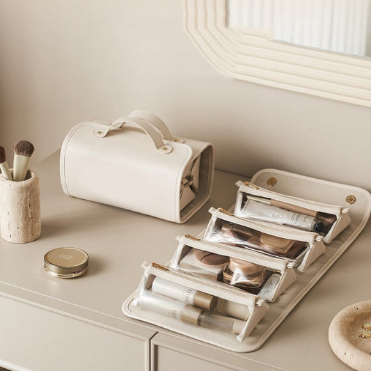 Portable leather cosmetic bag